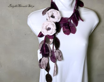 Elegant Crochet Flower Lariat Scarf: Dusty Pink Floral Jewelry