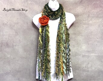 Crochet Lariat, Dark Green Crochet Scarf, Orange Flower Crochet Jewelry, Crochet  Necklace