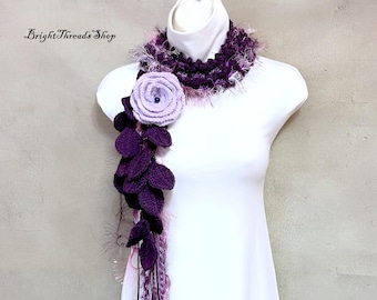 Crochet Lariat Scarf: Dark Purple Acrylic Yarn with Light Purple Flower Brooch