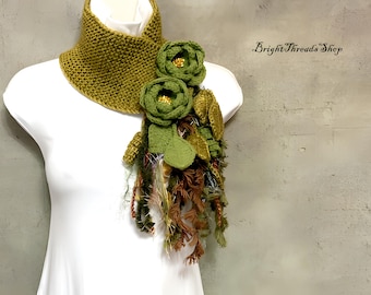 Crochet Lariat, Wool-Blend Lariat, Green-Yellow Scarf, Two Green Flowers Scarf