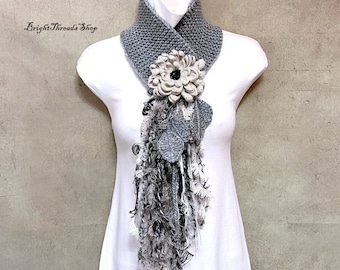 Elegant Crochet Lariat, Gray Scarf, Big Chrysanthemum Flower Scarf, Necklace Lariat