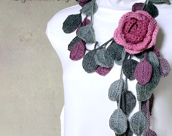 Crochet Wool-Blend Lariat Scarf: Pink -Green Shades with Pink Gradient Flower