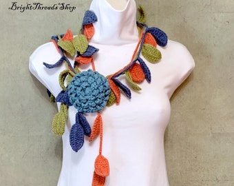 Crochet Lariat Scarf: Aqua Flower, Orange-Blue-Green, Elegant Crochet Jewelry