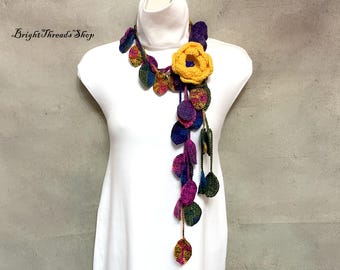 Crochet Flower Lariat Scarf: Yellow Brooch, Multi Color Yarn