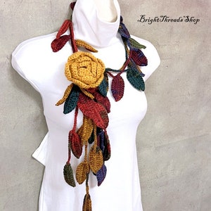 Elegant Crochet Lariat, Crochet Yellow Flower Scarf, Autumn Color Scarf, Crochet Jewelry, Crochet  Necklace