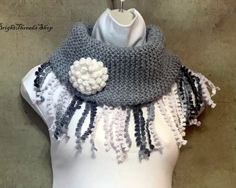 Carbón gris de gran tamaño, calentador de cuello de flores blancas, bufanda infinita sin costuras