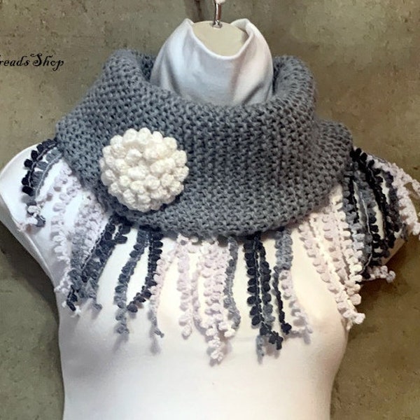 Gray Oversize Coal, White Flower Neck Warmer, Seamless Infinity Scarf