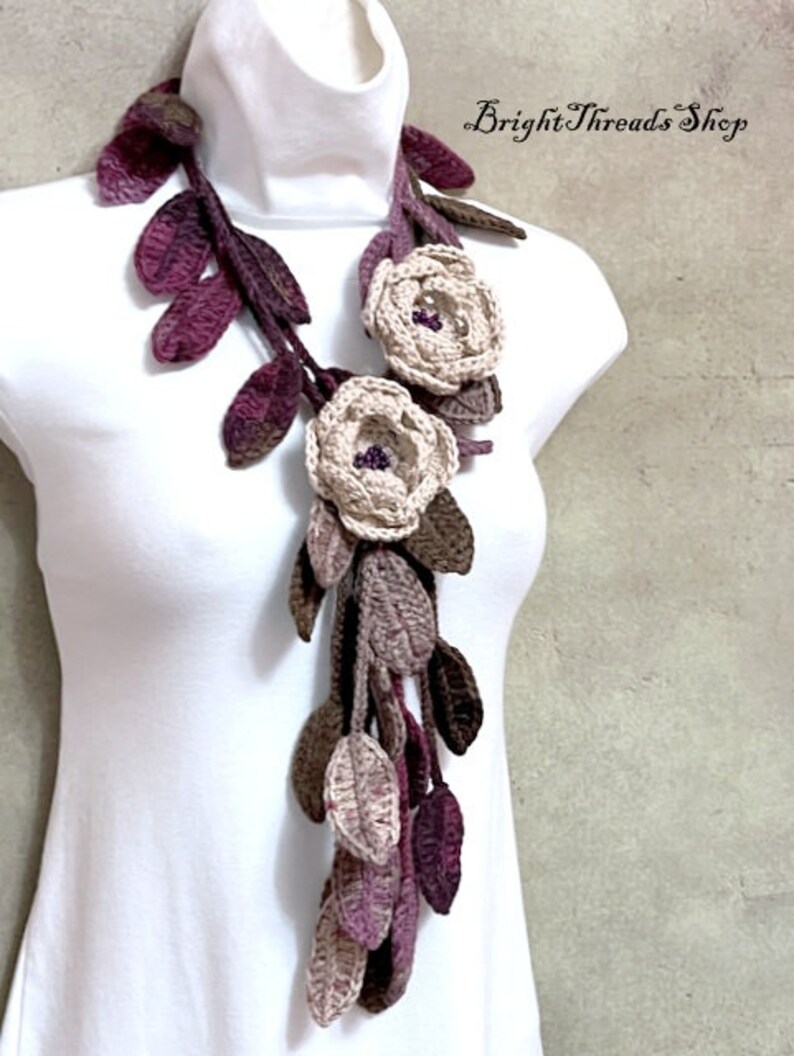 Elegant Dusty Pink Crochet Lariat, Crochet Flower Scarf, Dusty Pink Flowers Crochet Jewelry ...