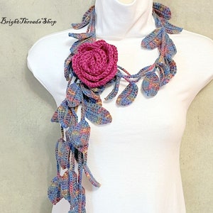 Elegant Crochet Lariat, Crochet Pink Flower Scarf, Spring Color Scarf, Crochet Jewelry, Crochet  Necklace