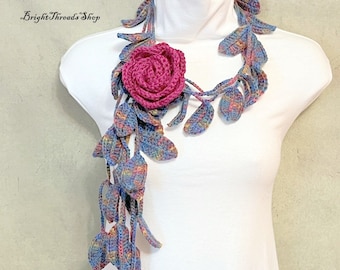 Crochet Lariat Scarf: Pink Flower Brooch, Blue Acrylic Yarn