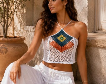 Handgemaakte gehaakte haltertop, katoenen zomerse crop top, boho strandtop, festivaltop voor dames
