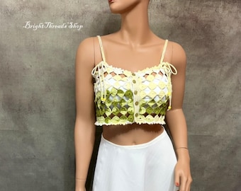 Crop Top de Crochet: Top de Verano Verde de Algodón Mercerizado Hecho a Mano