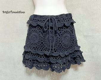 Crochet Lace Mini Skirt: Black Boho Hippie Cover-Up