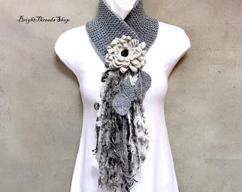 Crochet Lariat Scarf: Gray Acrylic Yarn with Chrysanthemum Flower