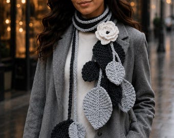 Leaf Lariat Wrap with Flower Brooch, Handmade Knit Statement Accessory, Elegant Gift for Her