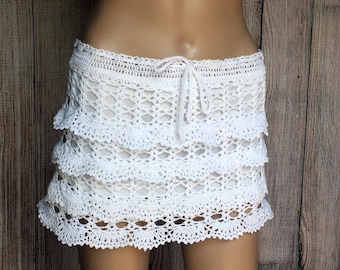 Jupe crochet coton dentelle jupe blanc boho jupe plage mini jupes doublée hippie festival jupe crochet jupe d’été cover up