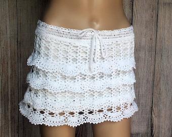 Minifalda de encaje de crochet: Vestido playero bohemio de algodón blanco