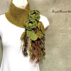 Crochet Lariat, Wool-Blend Lariat, Green-Yellow Scarf, Two Green Flowers Scarf