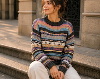 Women's handknitted sweater, Multi-colored striped jumper, Wool blended pullover