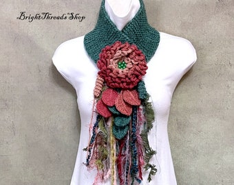 Elegant Crochet Lariat, Dark Green Scarf, Big Pink Flower Scarf