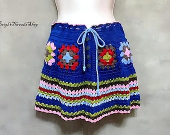 Crochet Granny Square Mini Skirt: Colorful Boho Beach Skirt