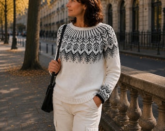 White Fair Isle Wool Jumper,  Lopapeysa Sweater, Jacquard Round Yoke Jumper