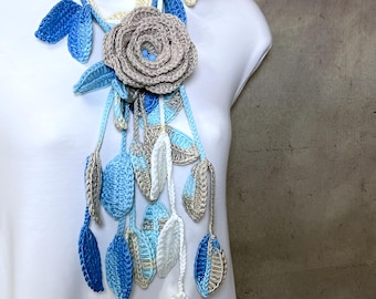 Elegant Crochet Lariat: Blue Leaves Scarf, Beige Flower Brooch