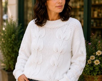 Hand Knit White Sweater, Oversized Wool Blend Pullover, Leaf Knit Jumper, Cozy Winter Sweater for Women