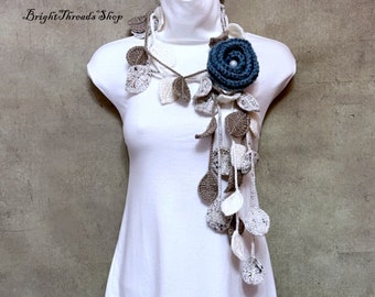 Crochet Lariat Scarf: Blue Flower, Beige Leaf Necklace