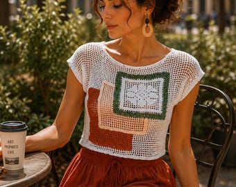 Crochet Cotton Crop Top, Geometric Summer Top, White Mesh Blouse, Boho Festival Top, Handmade Beach Cover Up, Cotton Tank