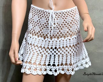 Minifalda de algodón tejida a crochet hecha a mano: vestido playero de encaje