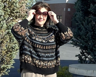 Suéter negro de alpaca Fair Isle para mujer, suéter Lopapeysa, jersey de canesú redondo