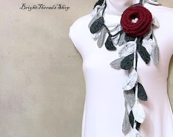 Crochet Lariat Scarf: Gray Leaves with Wine Flower Brooch