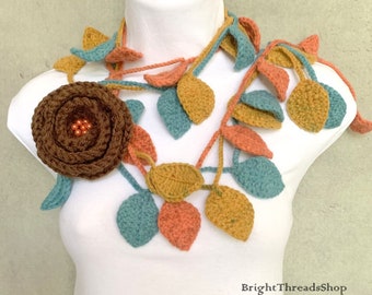 Crochet Flower Lariat Scarf: Orange, Yellow & Aqua, Brown Flower Brooch
