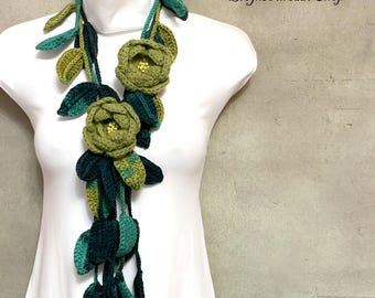Green Crochet Flower Lariat Scarf: Beaded Floral Jewelry