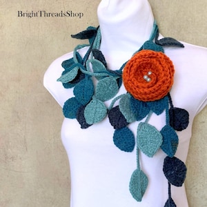 Elegant Crochet Lariat, Orange Flower Scarf,  Aqua Leaf Color Scarf,  Crochet Jewelry, Crochet  Necklace