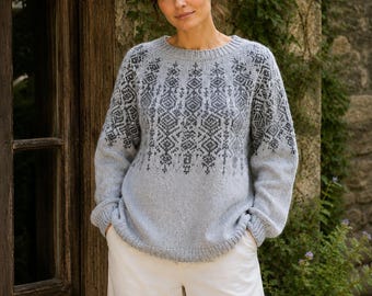 Brownish Gray Fair Isle Wool Jumper  Lopapeysa Sweater Jacquard Round Yoke Jumper