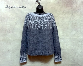 Gray Fair Isle Wool Jumper  Lopapeysa Sweater Jacquard Round Yoke Jumper Size XL