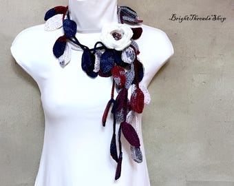 Crochet  Lariat : Multicolor Leaves Scarf, White Flower Brooches