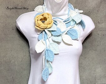 Elegant Crochet Lariat: White-Blue Leaves Scarf, Yellow Flower Brooch