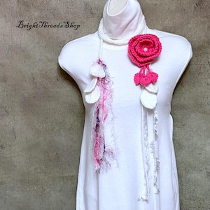 Elegant Crochet Lariat White Crochet Flower Scarf  Pink Flower Crochet Jewelry Crochet Necklace