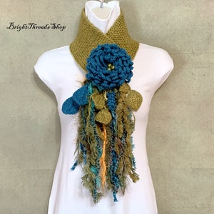 Crochet Lariat, Wool-Blend Lariat, Green-Yellow Scarf, Big Blue Flower Scarf