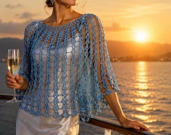 Blue Crochet Shoulder Wrap, Lightweight Summer Poncho, Elegant Wedding Shawl, Evening Cover Up, Resort Wear, Handmade Capelet