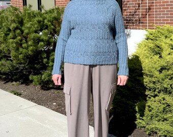 Jersey de mujer tejido a mano, suéter de lana azul,