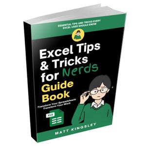 Puede incluir: Una portada de libro negra y verde con el título "Excel Tips & Tricks for Nerds Guide Book". La portada presenta una ilustración de dibujos animados de una persona con gafas y un suéter verde.