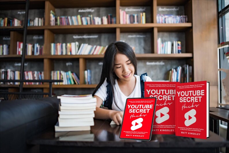 May include: Three red books titled "YouTube Secret Hacks" with a white play button icon. The books are stacked on a table in front of a young woman.