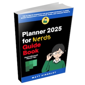 Puede incluir: Un libro titulado "Planner 2025 for Nerds Guide Book" con una cubierta negra y detalles azules. La portada presenta una ilustración de una persona con gafas y un suéter verde. El título del libro está en blanco, amarillo y rojo.