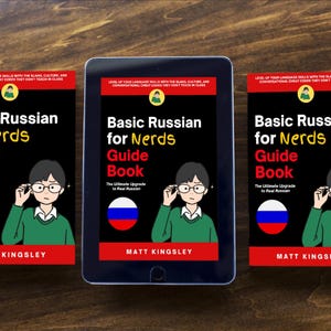 Puede incluir: Imagen de una tableta y dos libros titulados "Basic Russian for Nerds Guide Book". Los libros y la tableta tienen un fondo negro con el t&iacute;tulo en blanco y rojo. La portada presenta una caricatura de una persona con gafas.