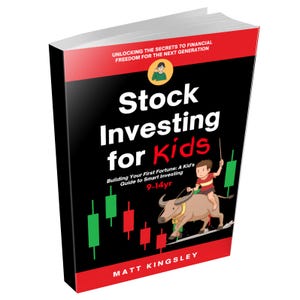 Könnte beinhalten: Ein schwarzes und rotes Buch mit dem Titel "Stock Investing for Kids" mit einer Cartoon-Illustration eines Kindes, das auf einem Stier reitet. Das Buch handelt vom Aufbau eines ersten Vermögens und dem intelligenten Investieren für Kinder im Alter von 9 bis 14 Jahren.