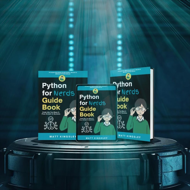 K&ouml;nnte beinhalten: Drei Exemplare des Buches "Python for Nerds Guide Book" von Matt Kingsley. Der Buchumschlag zeigt eine Comicfigur mit Brille und gr&uuml;nem Hemd. Der Buchtitel ist in blau und wei&szlig;.